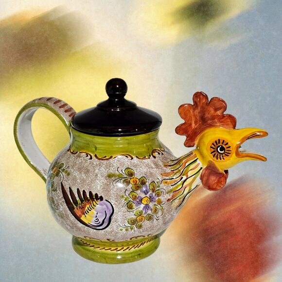 Italian Pottery Rooster Teapot Hand-Painted Floral Capri Italy Vintage Ceramic - Picture 1 of 10